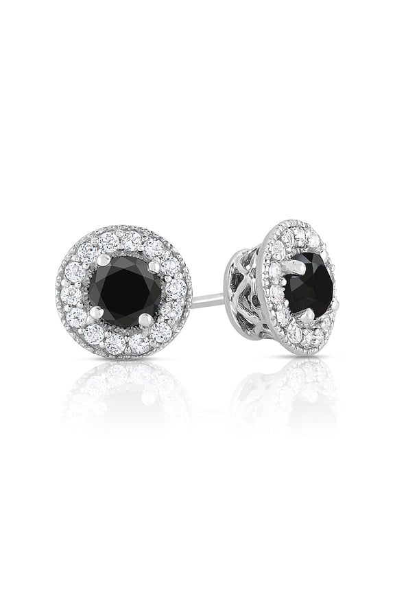 1.50 - 2 Cttw Black Diamond Halo Stud Earrings for Women in Rhodium Plated Sterling Silver