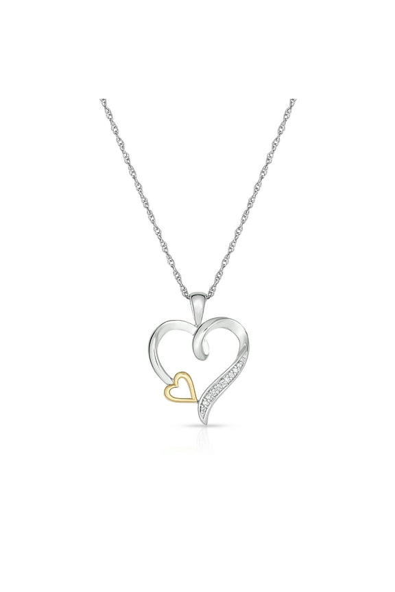 10K Yellow Gold and Silver Diamond Heart Necklace for Women (Color HI / Clarity I2)