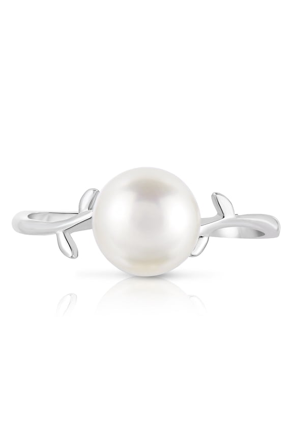 8.00mm Cultured Freshwater Pearl Leaf Ring for Women Size 7 in Rhodium Plated Sterling Silver
