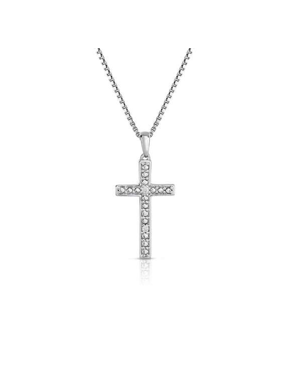 Diamond Accent Classic Tiny Cross Necklace for Women in Rhodium Plated Brass