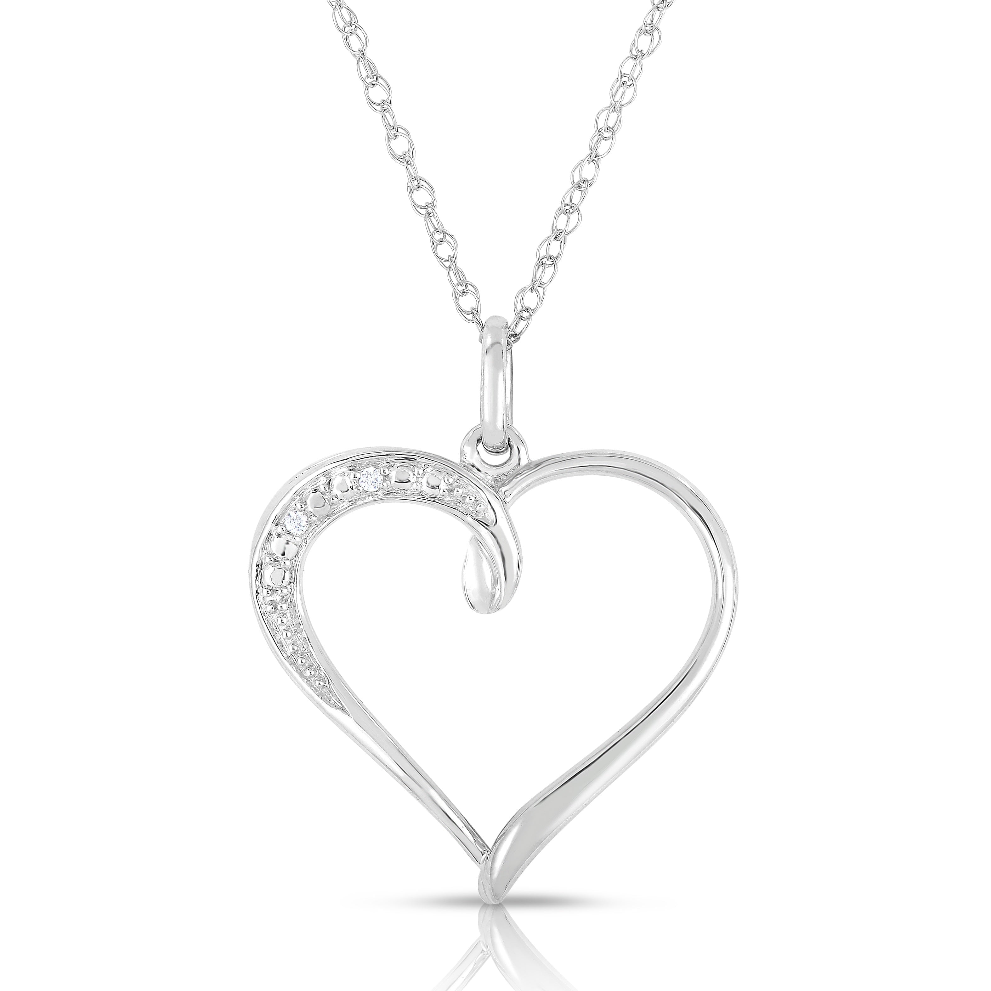 Diamond Accent White Diamond Heart Necklace for Women with 18 Inch Chain in Rhodium Plated Brass
