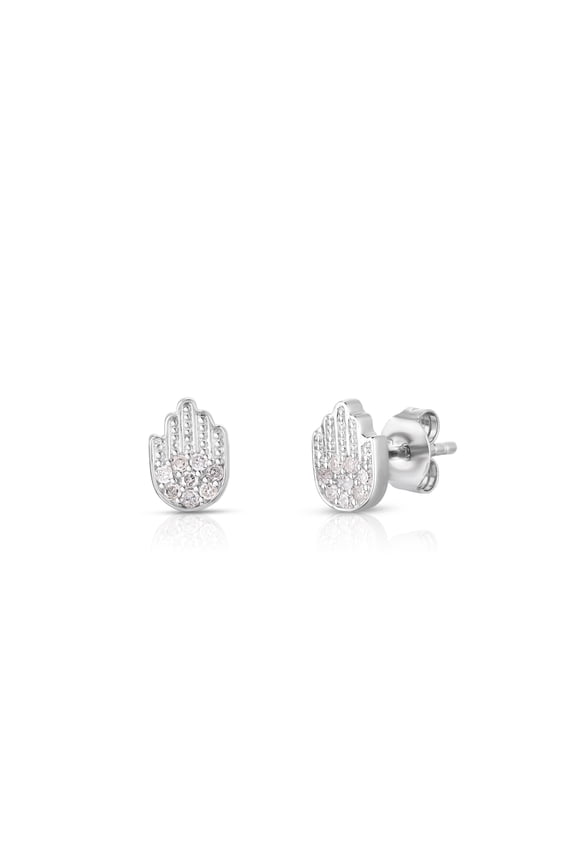 Tiny Hamsa 1/10 Cttw Diamond Stud Earrings for Women in Rhodium Plated Sterling Silver Cartilage Earring for Second Hole Piercing