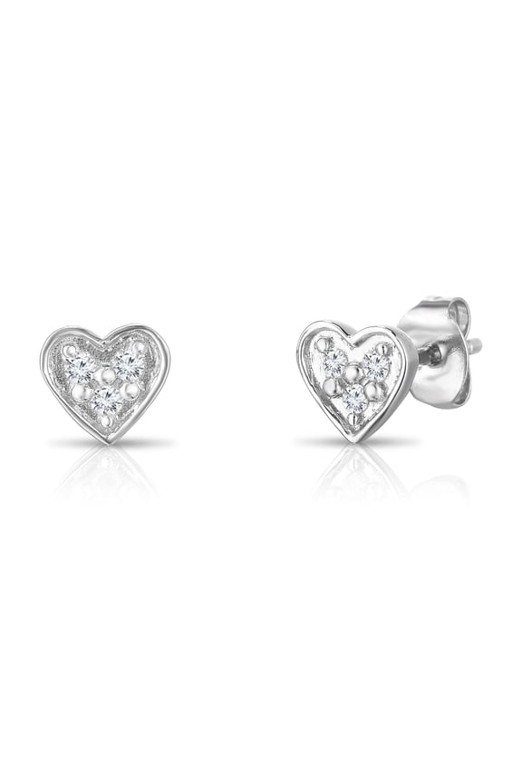 Tiny Heart Stud Earring 1/10 Cttw Diamond Earrings in Rhodium Plated 925 Sterling Silver Cartilage Earring for Second Hole Piercing