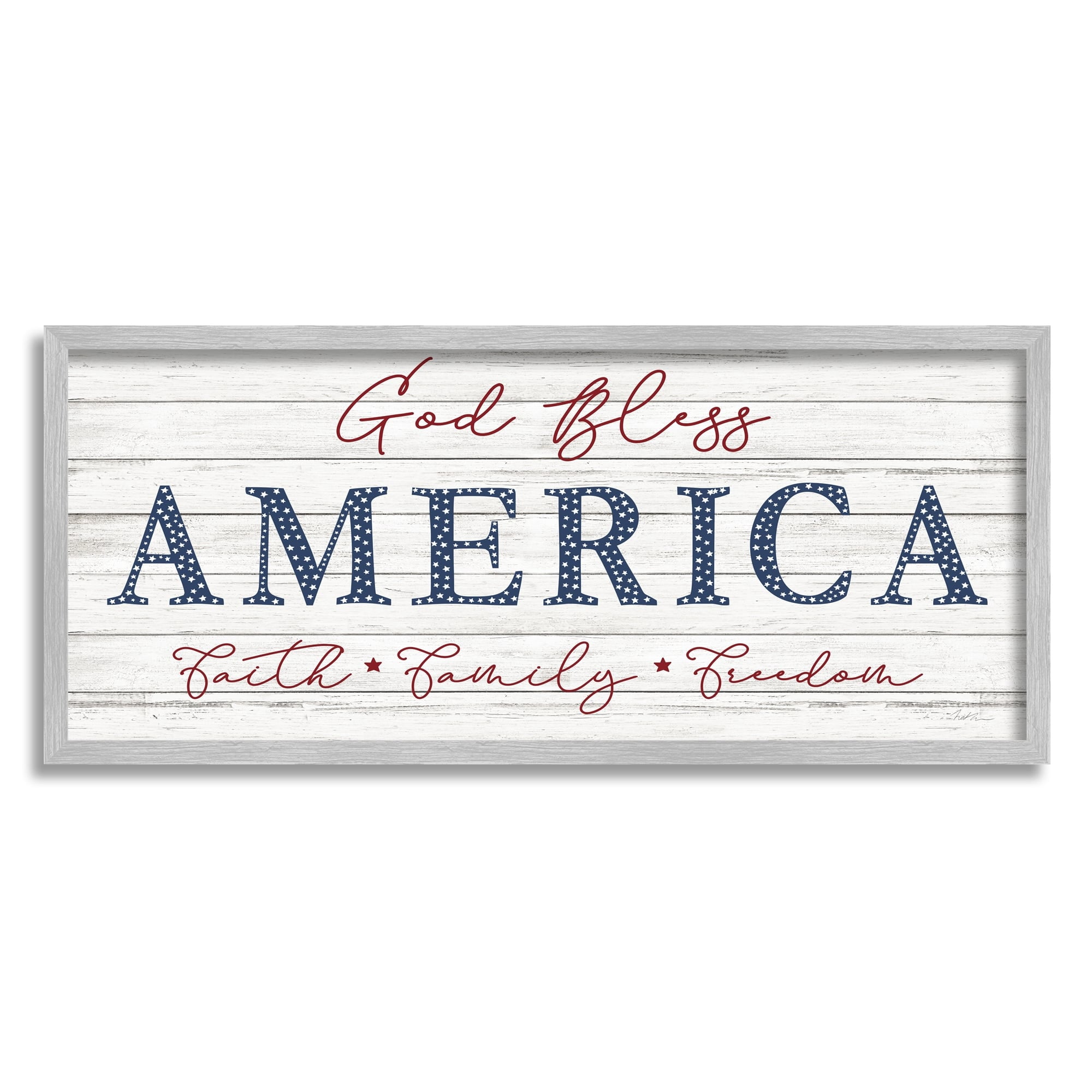 Natalie Carpentieri God Bless Faith Family Freedom Hanging Sign 30 in x 13 in Framed Painting Art Print, by Stupell Home Décor