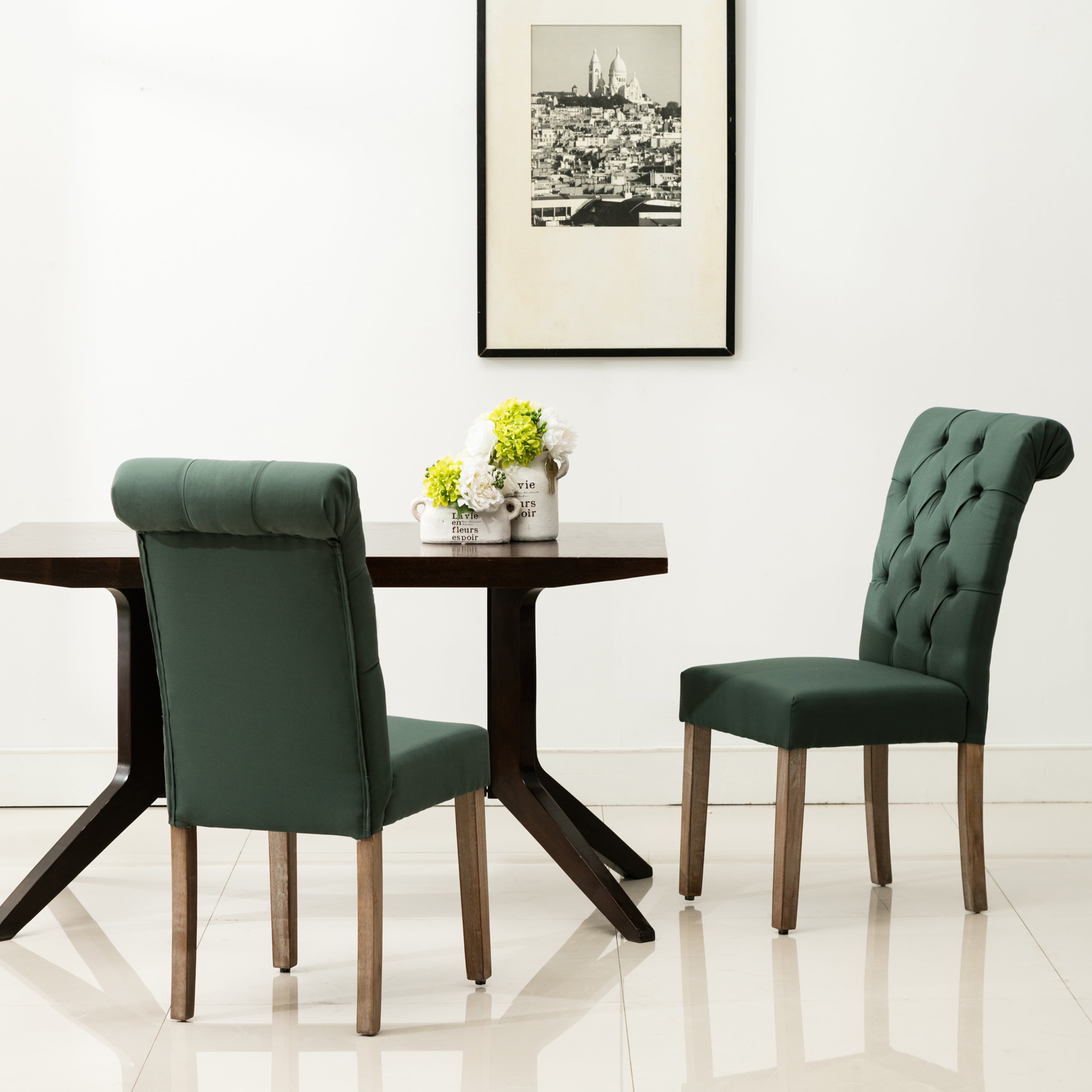 Natalie Roll Top Tufted Green Linen Fabric Modern Dining Chair (Set of 2)