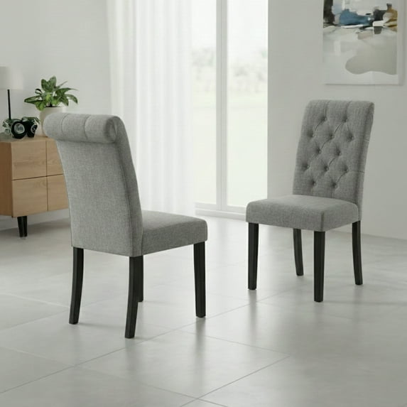 Natalie Roll Top Tufted Grey Linen Fabric Modern Dining Chair (Set of 2)