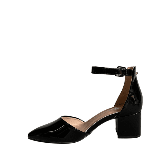 Nataly-01 Women's Pointed Toe Ankle Strap Buckle Chunky Low Heels Sandals Shoes ( Black Pat, 8)