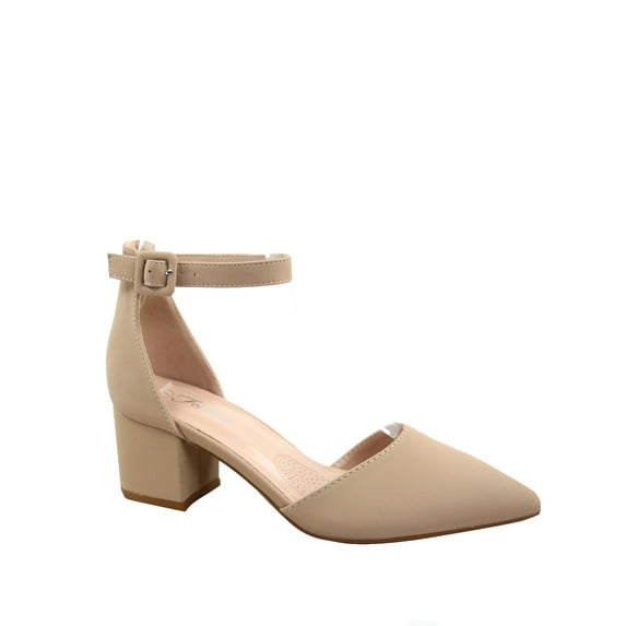 Nataly-01 Women's Pointed Toe Ankle Strap Buckle Chunky Low Heels Sandals Shoes ( Taupe, 8.5 )