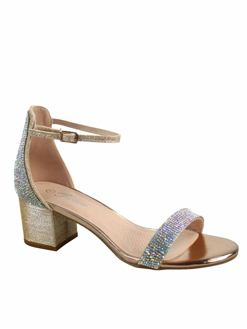 Nataly-10 Open Toe Rhinestone Ankle Strap Buckle Low Chunky Heels