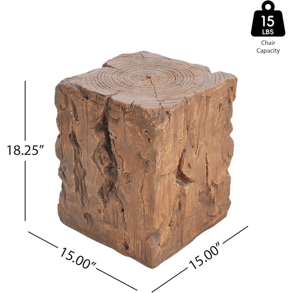 Nataly Small Outdoor Side Table, Stump Shape Carved Garden Stool, Lightweight Concrete End Table, Decorative Home Stool for Balcony Poolside Backyard, Brown