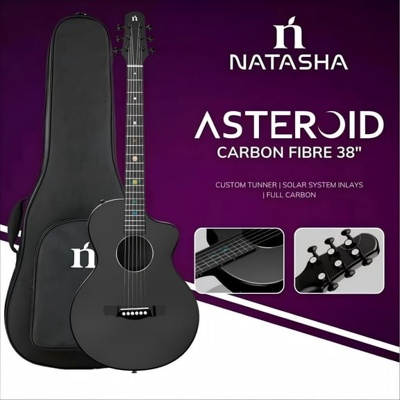 Natasha Solar System Asteroid Carbon Fiber 38-inch Folk Guitar. Premium guitar case and fretboard cleaning cloth.