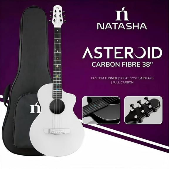 Natasha Solar System Asteroid Carbon Fiber White 38-inch Folk Guitar. Premium guitar case and fretboard cleaning cloth.