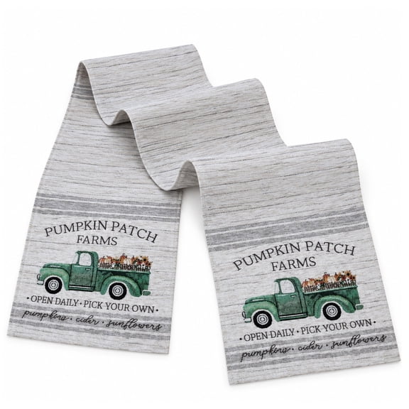 Natco 13 x 72 inch Chenille Table Runner, Rectangular Pumpkin Patch Green Truck Fall Design