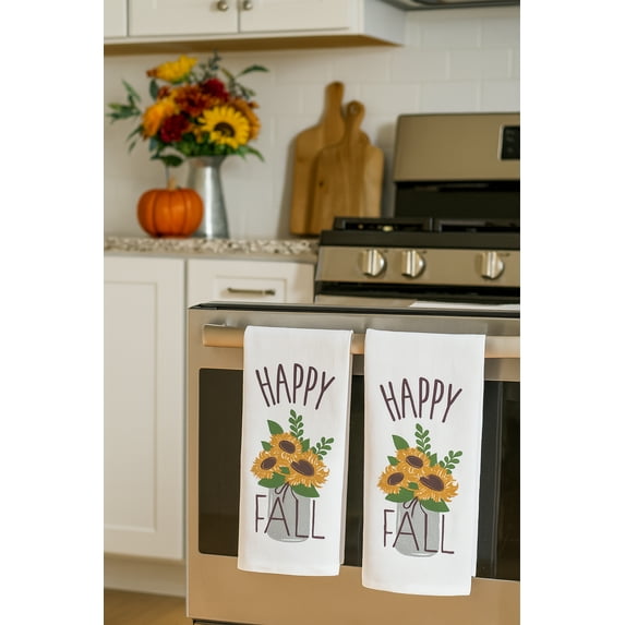 Natco Happy Fall Kitchen Towels Sunflower 2-Pack Set White Dual Sided Dishtowels