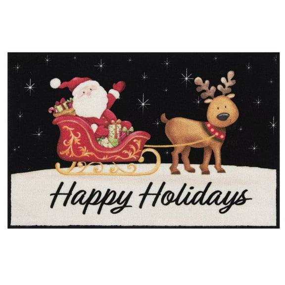 Natco Happy Holidays Christmas Rug, Nylon, Santa Sleigh Reindeer Print, 20 x 30 inches, Multicolor
