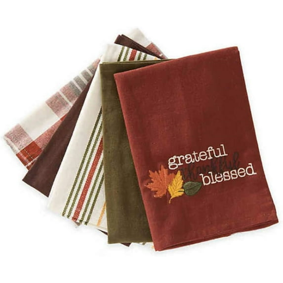 Natco Thanksgiving Towels 5 Pack Kitchen Set Grateful Thankful Blessed Cotton Prints 18 x 28 inches