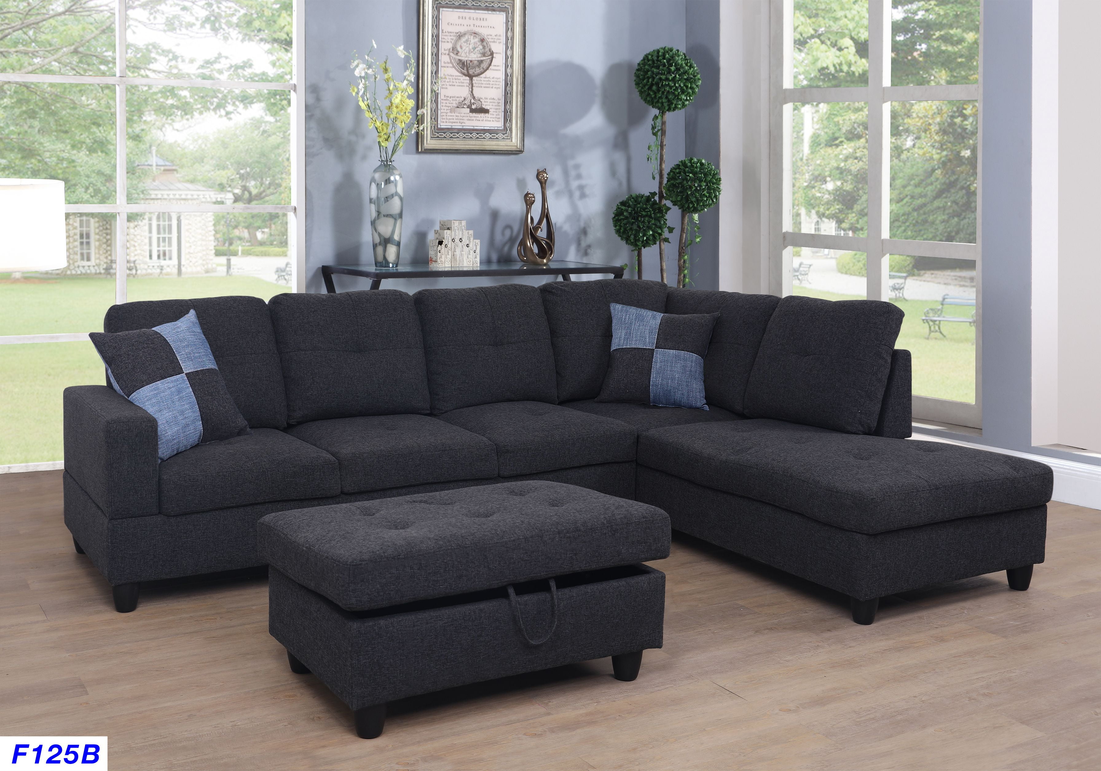 Nate Right Facing Sectional Sofa with Ottoman, Black Gray