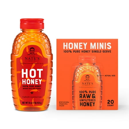 Nate's Minis and Hot Honey Bundle, 20 Single Serve Packets and 16 oz Hot Honey Bottle, Gluten-Free