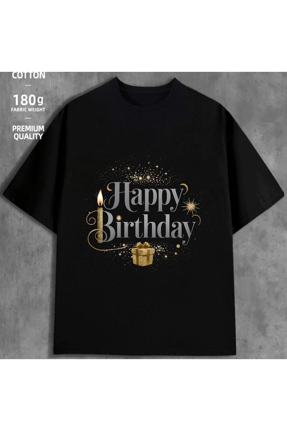 Natee Camiseta de Cumpleaños para Hombres 180gsm Algodón 100% Pesado - Estampada con Diseño Feliz Aniversario en Letras Doradas y Confeti, Cuello Redondo Manga Corta, Casual Ideal Para Fiestas Atu