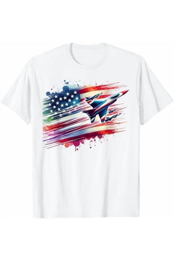 Natee Fighter Jets American Flag USA Patriotic 4th of July Boys Gifts T-Shirt Men Women Kids Tees Crew Neck Short Sleeve T Shirts