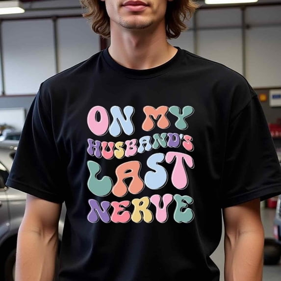 Greenink Natee Funny Men's Funny Saying T-Shirt - Black Crew Neck Tee with Bold "On My Husband's Last Nerve" Graphic in Pink & Yellow - Heavyweight 180gsm Cotton Shirt