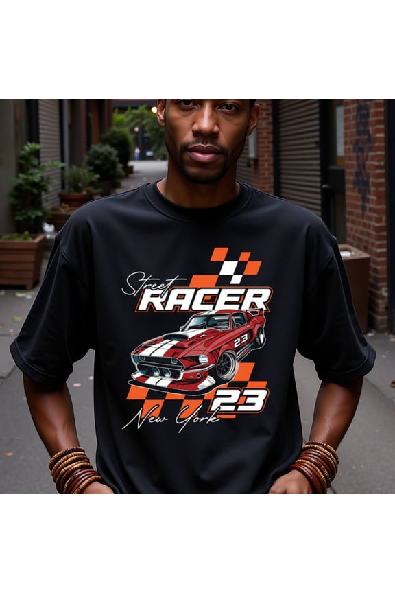Natee Funny Men's Graphic T-Shirt - Racing Car Design with Checkerboard - Black/Orange/Red Color Block - Heavyweight 180gsm Cotton Crew Neck Tee - Regular Fit Short Sleeve Shirt for Motorsport Event