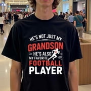 Natee Funny Men's T-Shirt - Funny "Grandson Football Player" Text Design - Black Shirt with Red/White Lettering - Heavyweight 180gsm Cotton Crew Neck Tee - Ideal Gift for Grandfathers & Football Fan