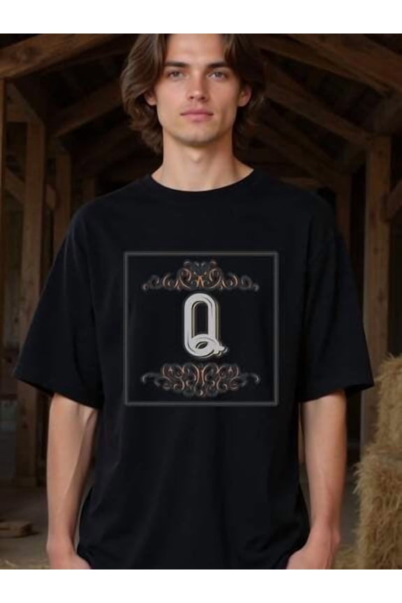 Natee Local Warehouse Permission Monogrammed Letter Q Black T-Shirt With Ornate Design, Black 100% Cotton Tee, Short Sleeve Crew Neck, Machine Washable Creative Printing Pattern