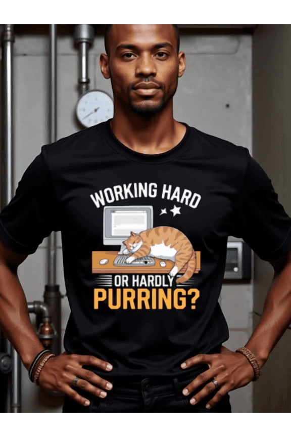 Natee Local Warehouse Permission Working Hard Or Hardly Purring? Funny Cat T-Shirt, ,Versatile And Simple