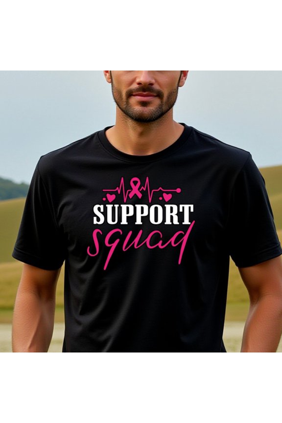 Natee Local Warehouse Support Squad Breast Cancer Awareness T-Shirt - 100% Cotton Crew Neck Short Sleeve Tee with Heartbeat Line Graphic, Regular Fit Casual Unisex Top for Men & Women, All-Season We