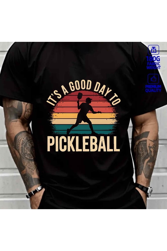 Natee Men'S Heavyweight 180gsm Cotton Thirt - Baseball Graphic Tee with It'S a Good Day to Pickleball Slogan - Black Shirt for Sports, Casual Streetwear - Soft Everyday Crewneck Top for Pickleball