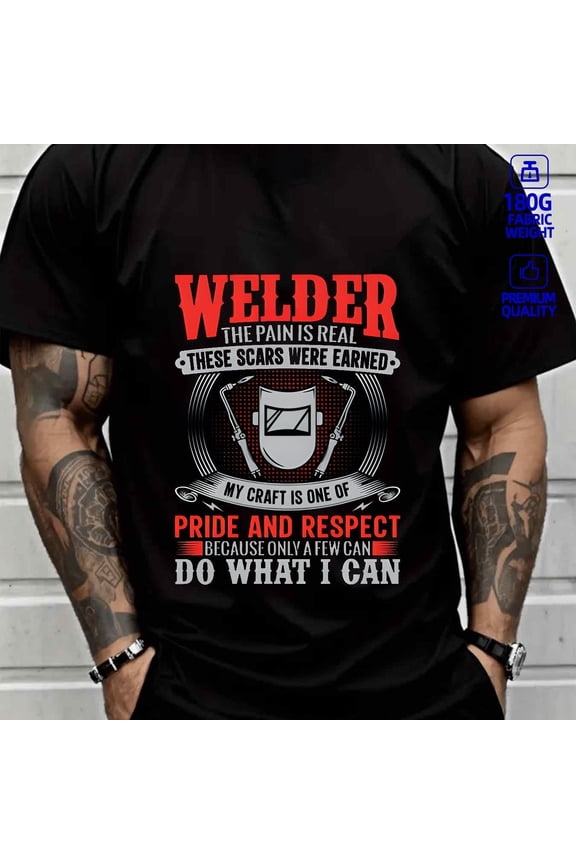 Natee Men'S Heavyweight 180gsm Cotton Thirt - Welder Graphic Tee with Pride & Respect Slogan - Industrial Workwear Shirt for Welders, Construction - Soft Crewneck Casual Streetwear Top (Sizes S-3X