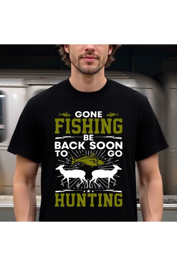 Natee Men's 100% Cotton 180g Heavyweight Hunting & Fishing Graphic T-Shirt - Funny Outdoor Saying "Gone Fishing/Be Back Soon to Go Hunting" with Deer & Fish Design, Casual Crew Neck Short Sleeve Tee
