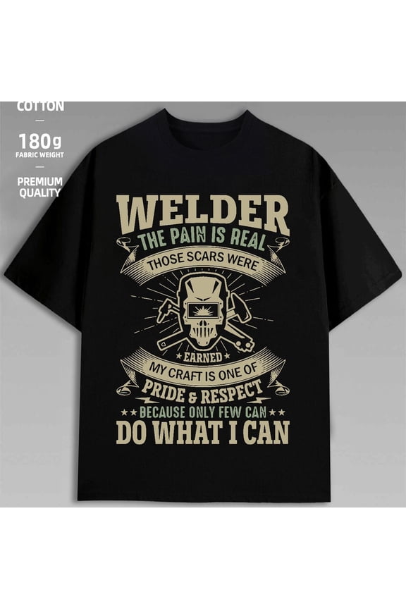 Natee Men's 180g Heavyweight 100% Cotton Welder Graphic T-Shirt - Welding-Themed Slogan & Skull Design, Casual Streetwear Tee for Welders, Durable Digital Print, Sizes S-3XL (Black) - Affordable Wor