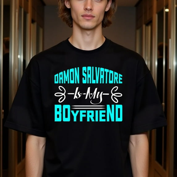 Natee Men's Damon Salvatore Is My Boyfriend TV Show Graphic T-Shirt - 100% Cotton 180gsm Heavyweight Crew Neck Short Sleeve Casual Tee with Damon Salvatore & Elena Gilbert Design for Vampire Diaries