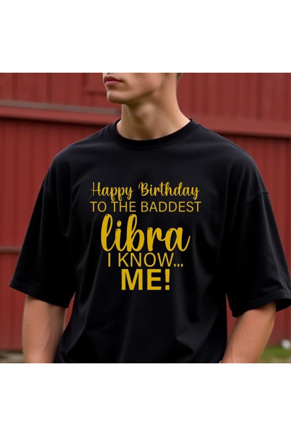 Natee Men's Funny Birthday Libra Zodiac Graphic Thirt - Black & Yellow Text Tee - Casual Streetwear Everyday Shirt - Machine Washable Regular Fit Adult Apparel