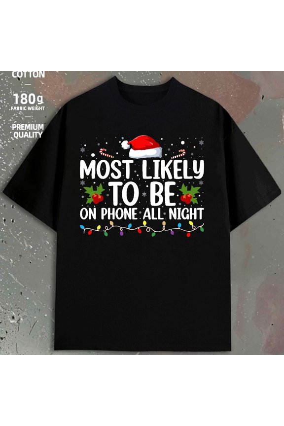 Natee Men's Funny Christmas Thirt - 100% Cotton 180gsm Heavyweight Black Humorous Most Likely to Be on Phone All Night Tech Humor Graphic Tee with Santa & Screen Time Design, Casual Round Neck Sho