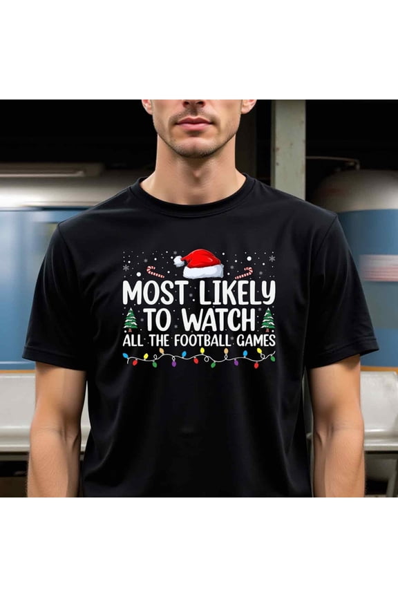Natee Men's Plus Size Christmas Football Graphic Thirt - Funny Most Likely to Watch All Football Games Slogan with Penguins & Santa Hats, Stretchable Casual Round Neck Tee for Holiday Sports Fans,