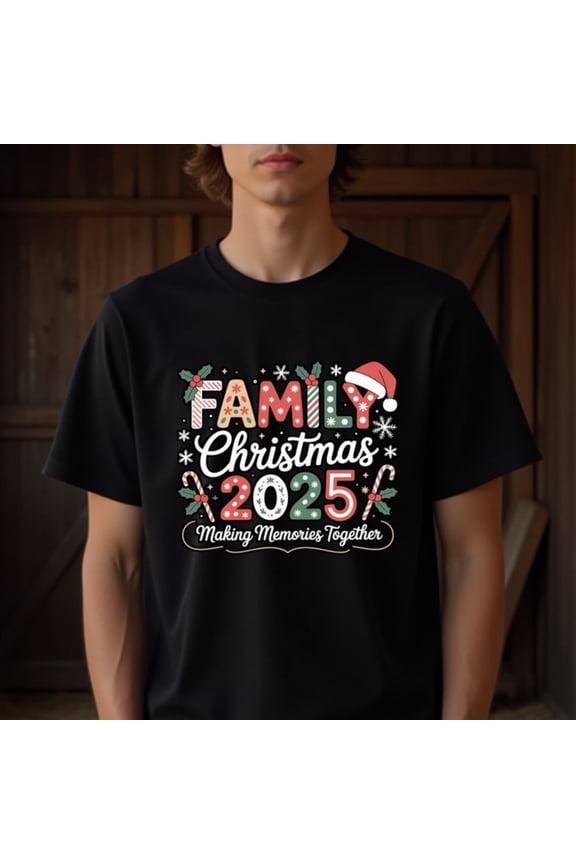 Natee Men's Plus Size Family Christmas 2025 T-Shirt - Black with Red & Green Holiday Design - Making Memories Together Graphic Tee - Heavyweight Casual Crewneck Shirt for Dad, Husband - Machine Wash