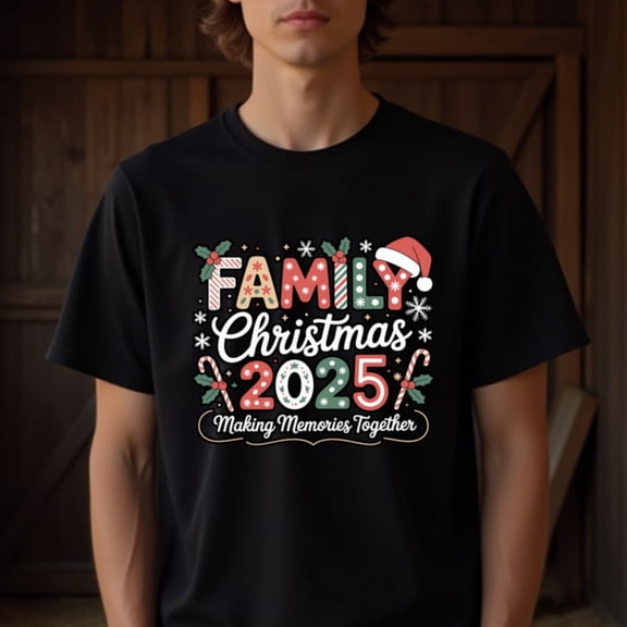 Greenink Natee Men's Plus Size Family Christmas 2025 T-Shirt - Black with Red & Green Holiday Design - Making Memories Together Graphic Tee - Heavyweight Casual Crewnec