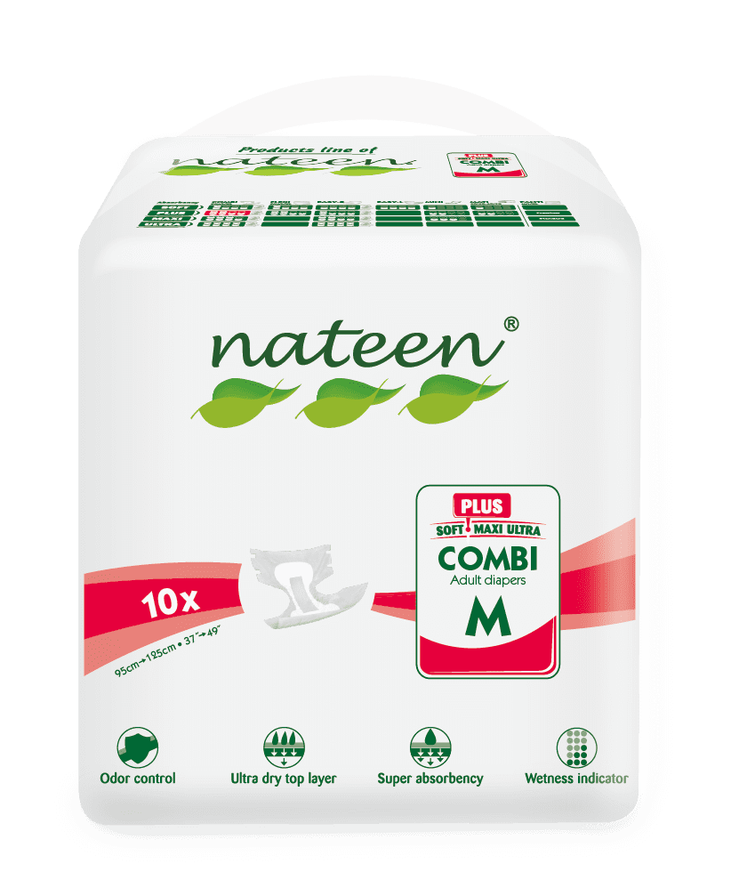 Nateen Combi Plus Adult Diapers,Unisex Disposable Incontinence Briefs with Tabs for Men and Women,Heavy Absorbency Diaper,Overnight Leak Protection | Medium 20 count.