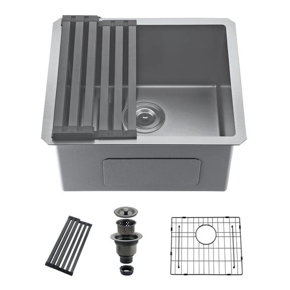 Natfurhome 19-Inch Undermount Kitchen Sink, 16 Gauge T-304 Stainless Steel Bar Prep Sink with Bottom Grid, Roll-Up Rack & Drain Kit, Deep Single Bowl Sink