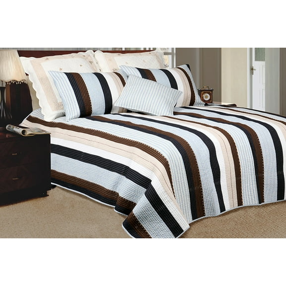 Nathan 100% Cotton 2PC Vermicelli-Quilted Striped Patchwork Quilt Set (Twin Size)
