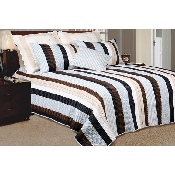 Nathan 100% Cotton 3PC Vermicelli-Quilted Striped Patchwork Quilt Set (King Size)