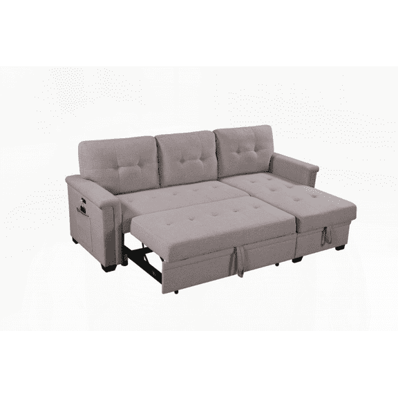 Ashlyn 84" Light Gray Reversible Sleeper Sectional Sofa with Storage Chaise | USB Charging & Pocket | Fits Small Spaces