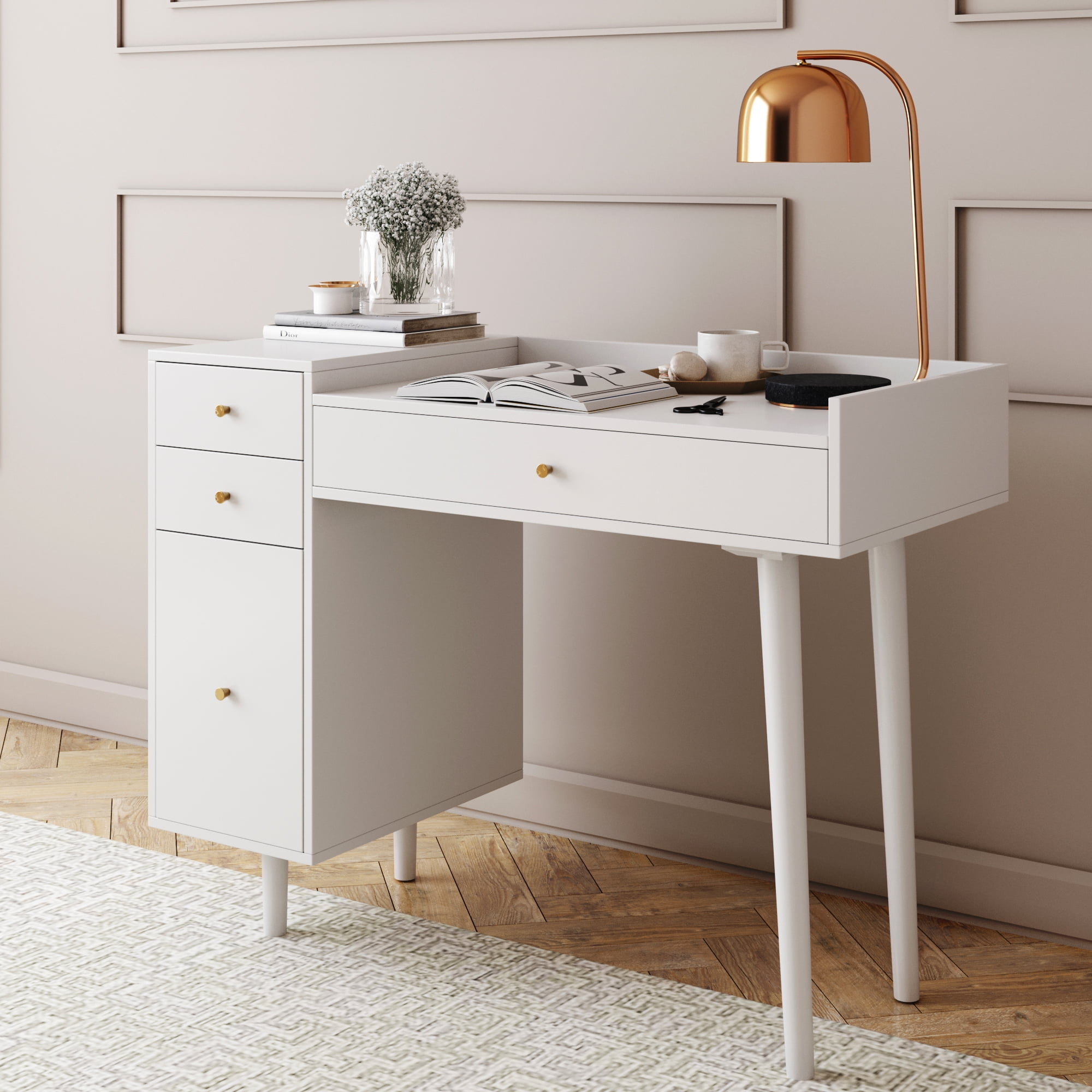 Nathan James 4 Piece Adult Mid-Century Makeup Table Set White and Gold