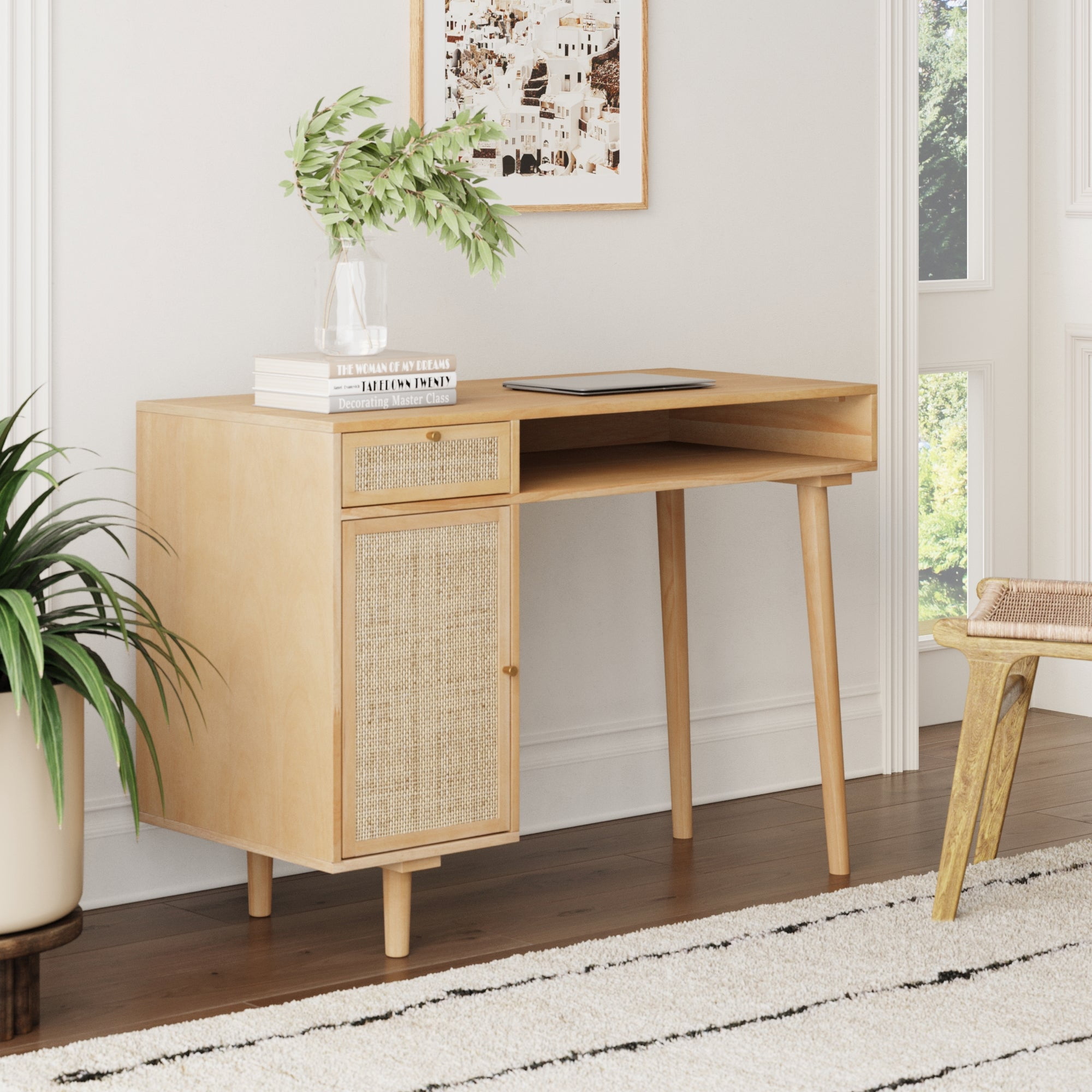 Free Shipping Nathan James Aaron Modern Desk with Storage Natural Rattan Table with Square Webbing and Gold Accent Knobs Natural Brown Walmart Walmart