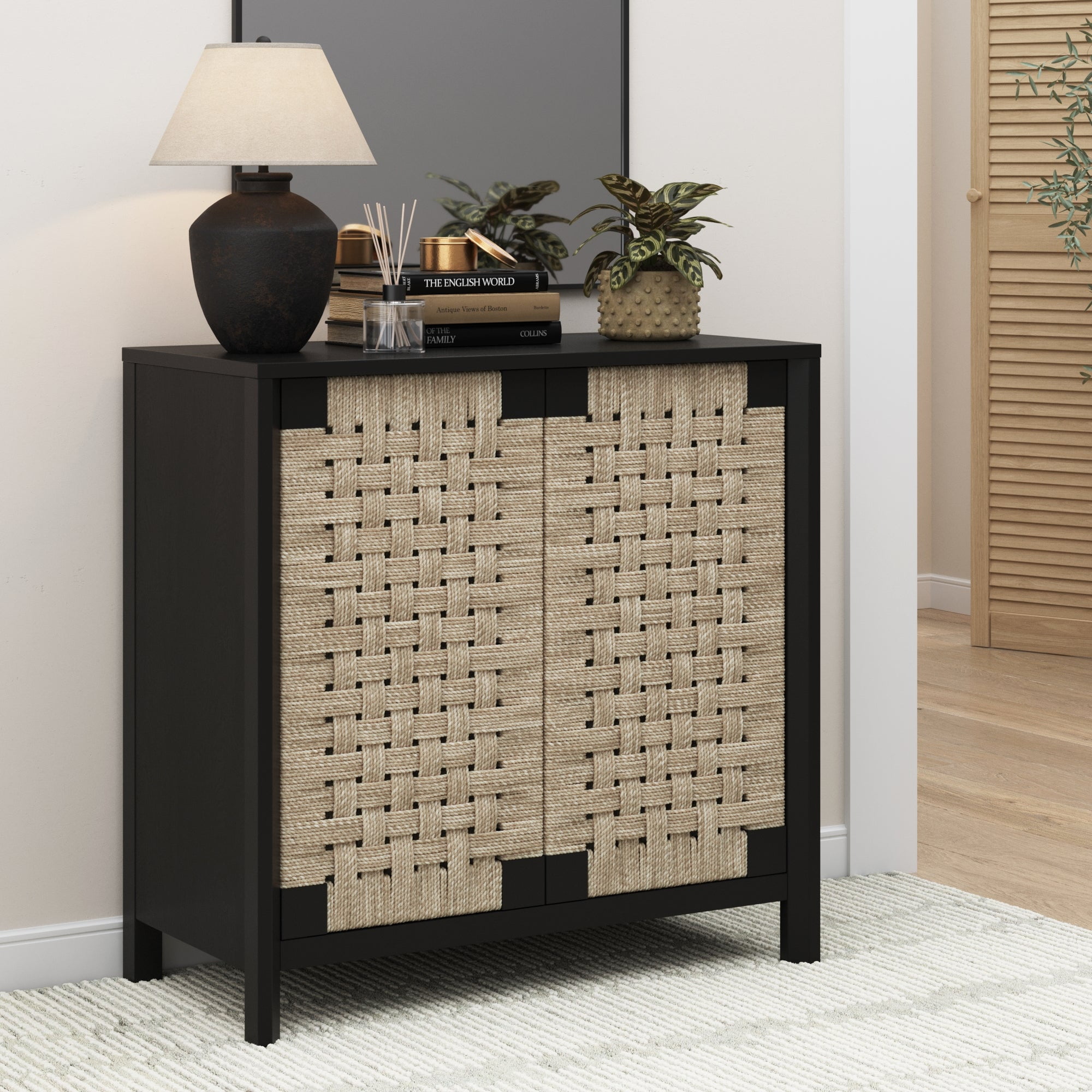 Nathan James Aerie Rustic Wood Cabinet, Boho Living Room Storage Cabinet with Seagrass Door Panels and Solid Wood Legs, Black