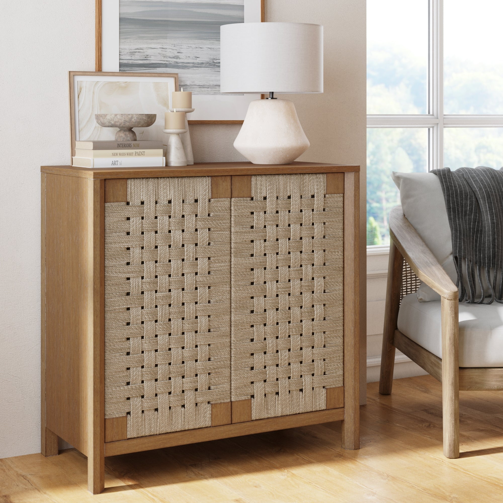 Nathan James Aerie Rustic Wood Cabinet, Boho Living Room Storage Cabinet with Seagrass Door Panels and Solid Wood Legs, Light Brown