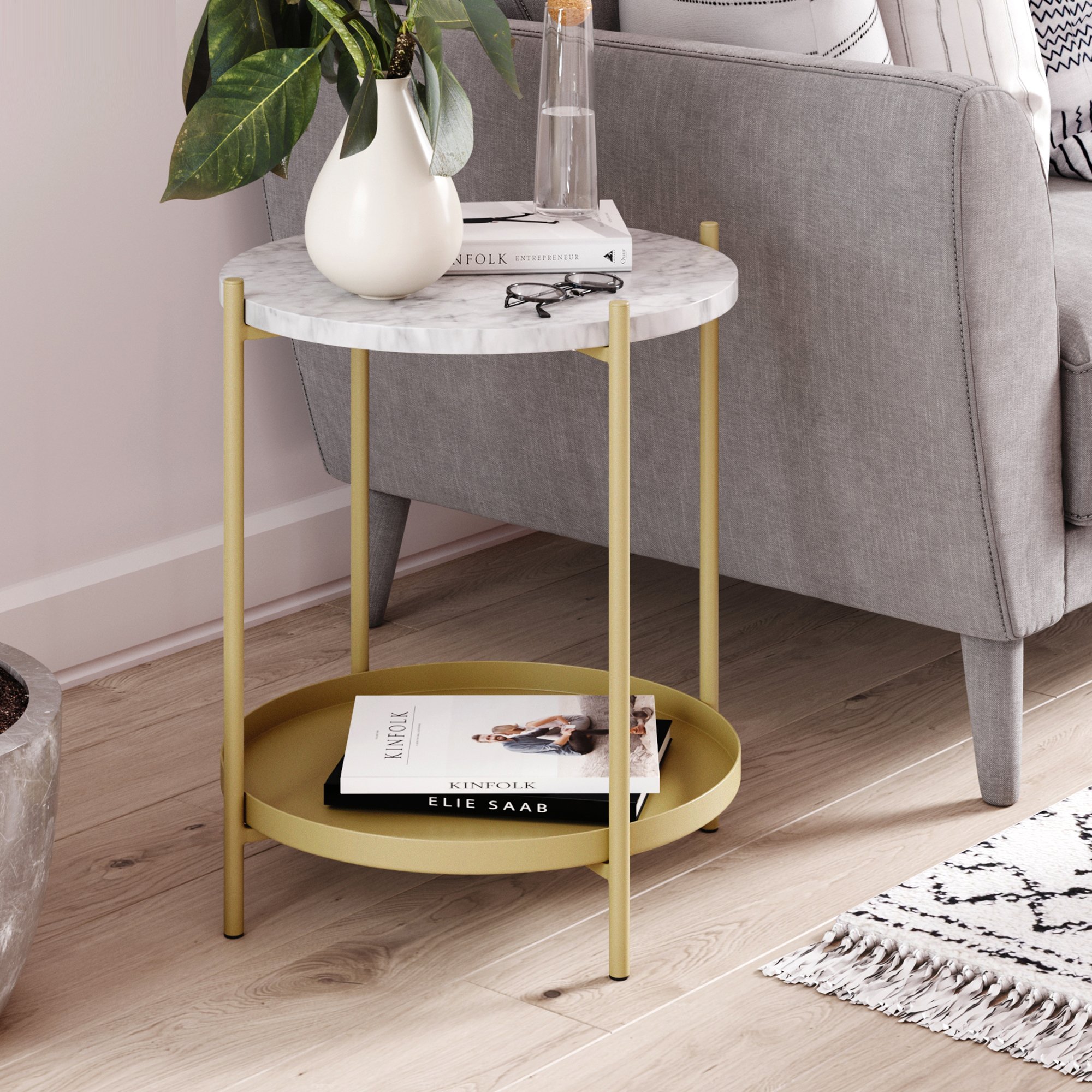 Nathan James Alexis White Faux Marble with Gold Brass Metal Frame Round End Side Table - image 1 of 7